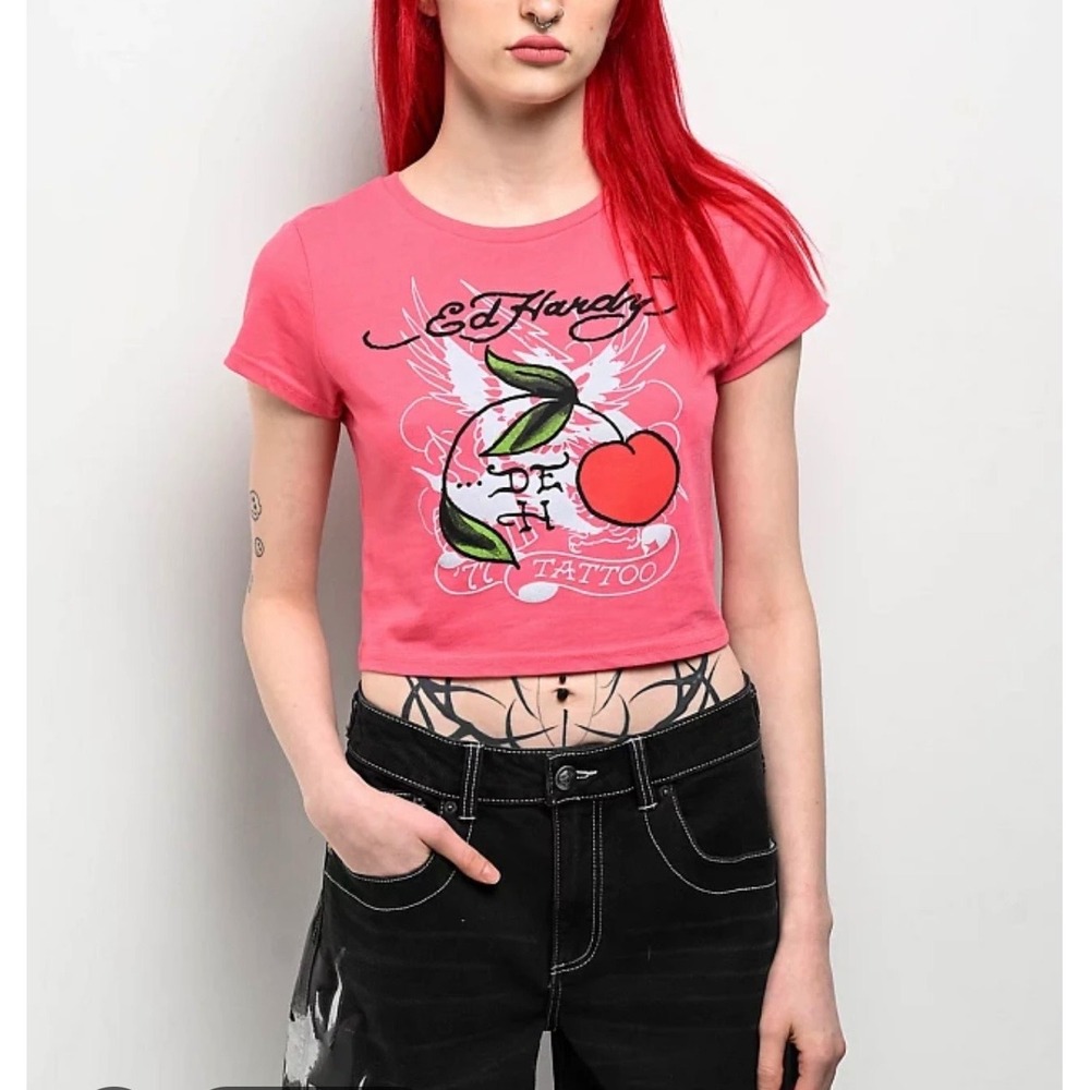 Ed Hardy Womens Pink Cherry Tattoo Graphic Crop Top Baby Tee XL